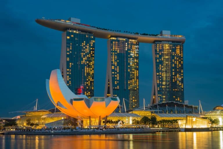 Marina Bay Sands and Singapore skyline at dusk